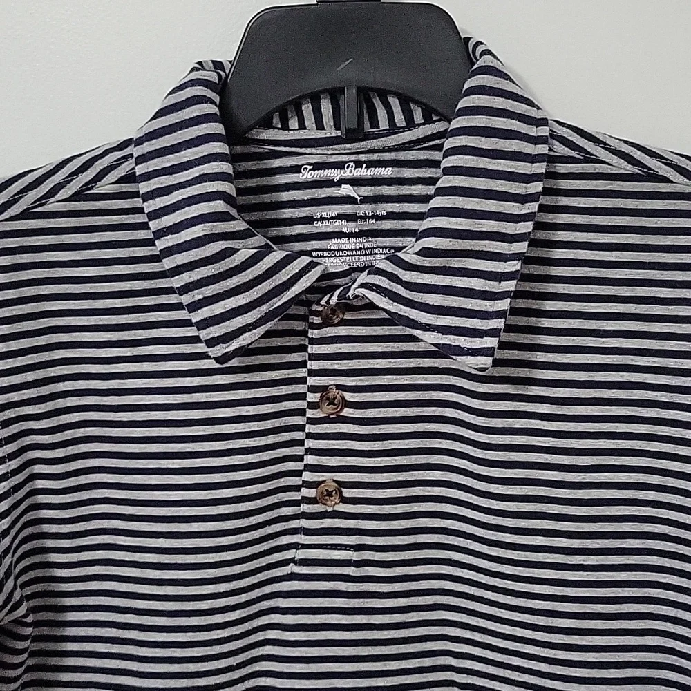 Tommy Bahama Navy and Grey Striped Polo, Size X-large (14)